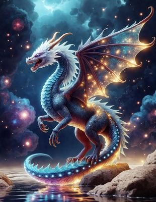 The primary subject of the image is a large, blue, white, and black dragon. The dragon is standing on a rocky surface, with a dark background and a cloudy sky visible in the scene. The visual style of the image is digital art, and the dominant colors are blue, white, and black. The overall atmosphere of the image is dramatic and captivating.